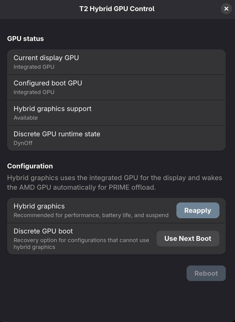 T2 Hybrid GPU Control showing the discrete GPU asleep in DynOff