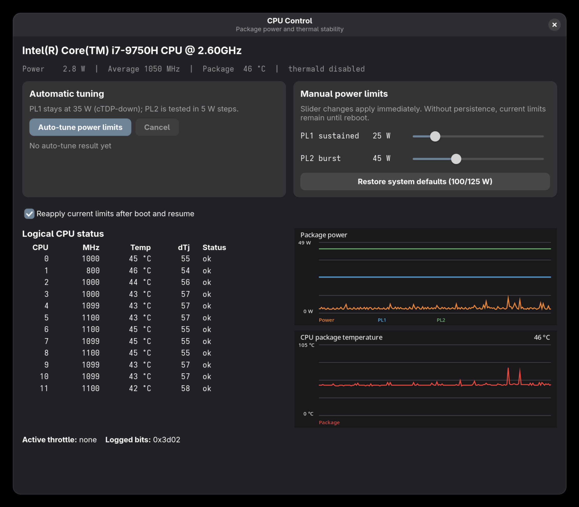 T2 CPU Control showing power limits, logical CPU state and package temperature
