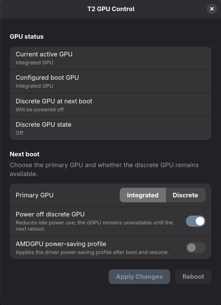 T2 GPU Control offering integrated, discrete and power-saving GPU modes