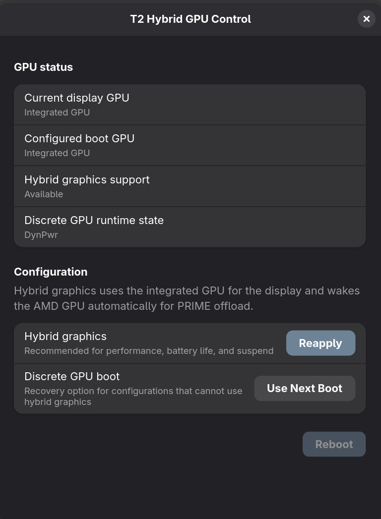 T2 Hybrid GPU Control showing the discrete GPU awake in DynPwr