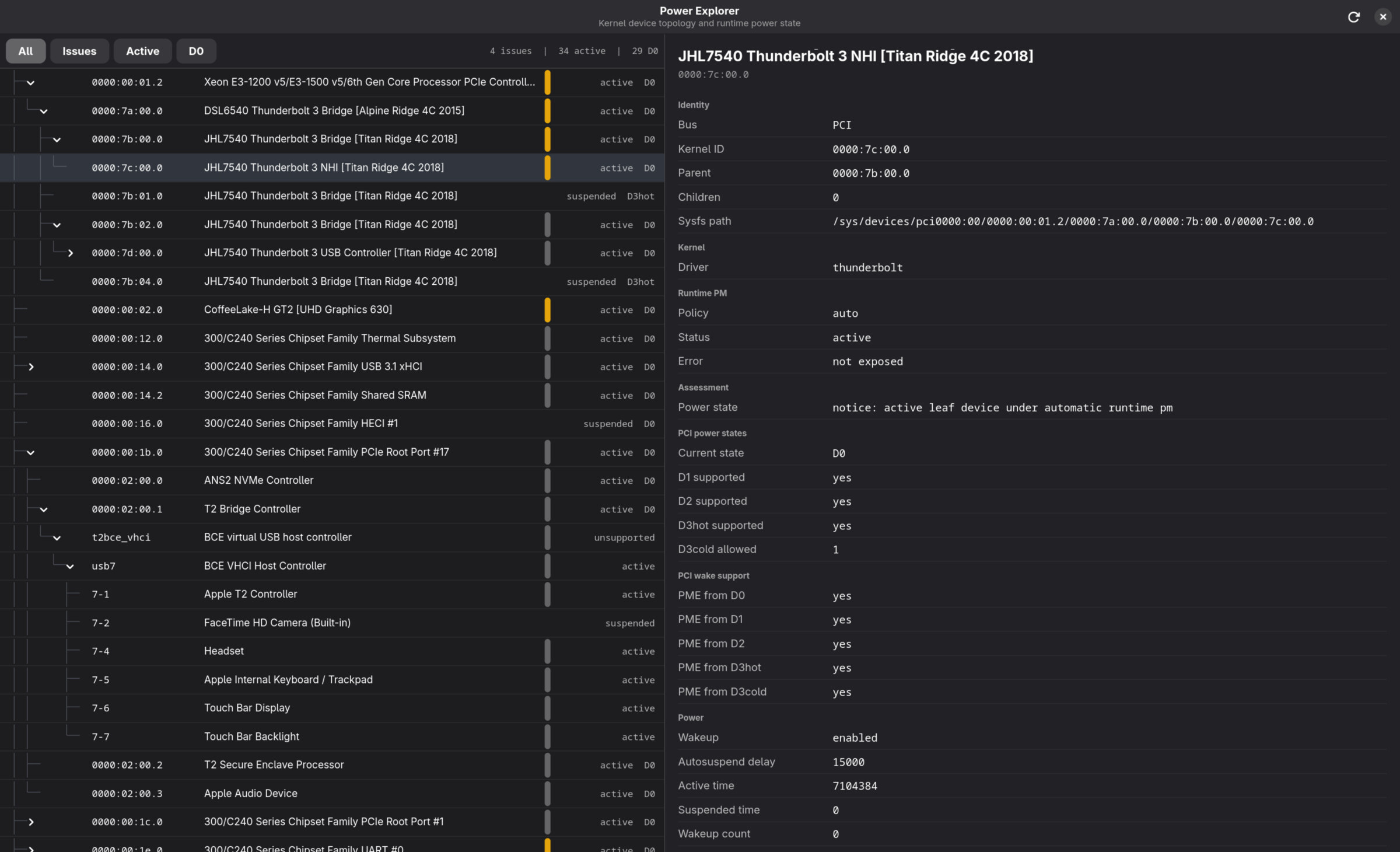 T2 Power Explorer showing the PCI, Thunderbolt and T2 device hierarchy
