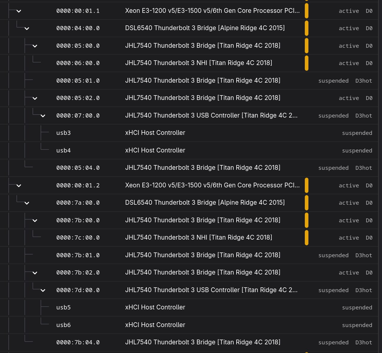 T2 Power Explorer showing both Thunderbolt PCIe trees on a MacBookPro15,1